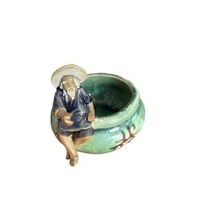 VTG Glazed Art Pottery Mudman Planter Bowl Majolica Style Green Pot small